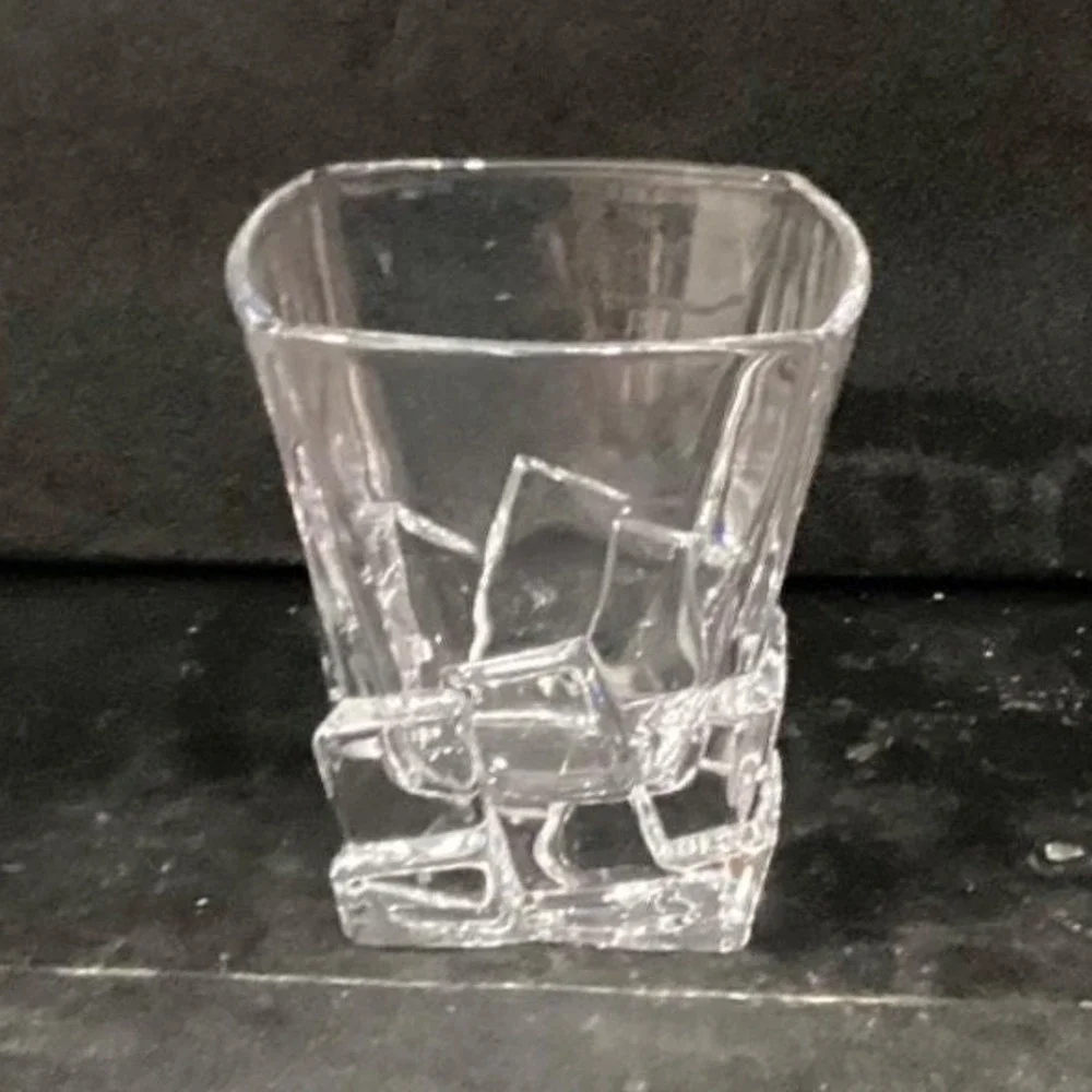 Ice Cube Sculpted‎ Rocks Glass, Vintage Square Whiskey Tumbler, Clear Barware